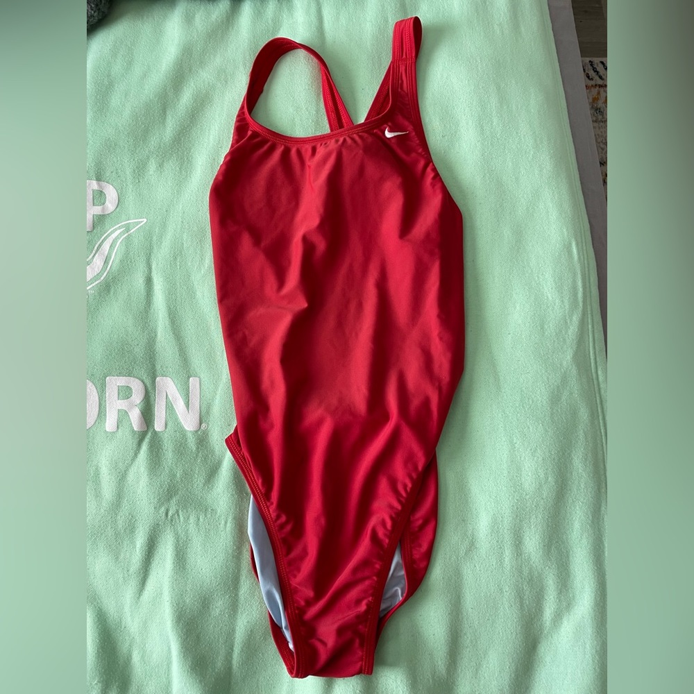 Red one piece bathing suit.
